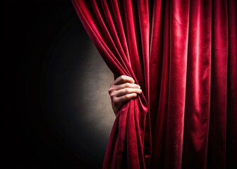 Dramatic Red Stage Curtain Opening Hand Black Background Stock Photo