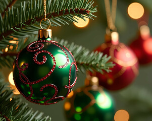 A shiny green bauble with red swirls hanging gently on a pine branch. Christmas toys on branch. Generative AI
