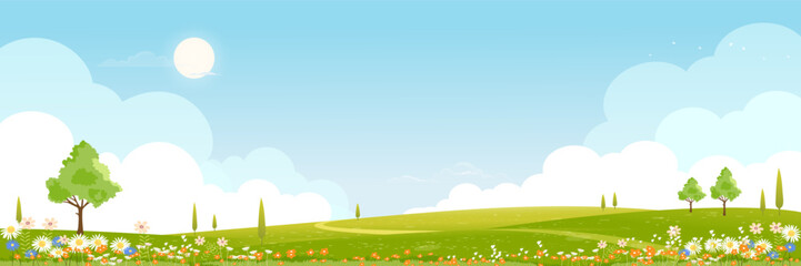 Spring background,Blue sky,clouds,sun,flowers field,tree,green meadow landscape,Vector cartoon countryside rural nature in sunny day summer,Village scene valley for screen wallpaper background banner