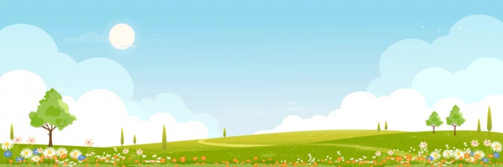 Naadloos Fotobehang Airtex Spring background,Blue sky,clouds,sun,flowers field,tree,green meadow landscape,Vector cartoon countryside rural nature in sunny day summer,Village scene valley for screen wallpaper background banner © Anchalee