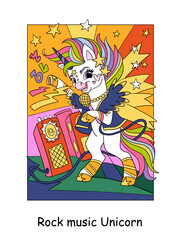 Cute rock music unicorn kids color vector illustration