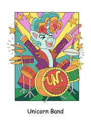 Cool rock music unicorn playing the drums kids illustration vector