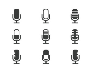 Microphone icon set. Different microphone collection. Podcast microphone, journalist microphone, mic icon, voice icon symbol, record web icon, karaoke, conference.