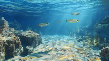Obraz premium School of fish swimming near a rocky seafloor in a blue ocean. Seafloor. Illustration