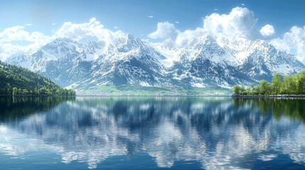 Fototapeta premium Stunning snow-capped mountains reflected in a calm lake.