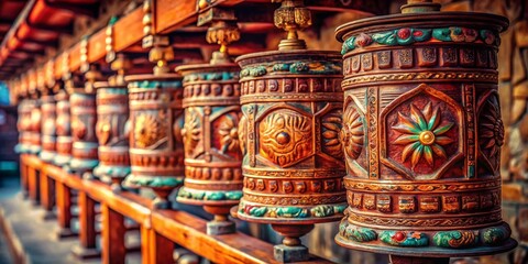 Fototapeta premium Vintage Photo: Ornate Carved Buddhist Prayer Wheel, Spiritual Symbol, Asian Culture