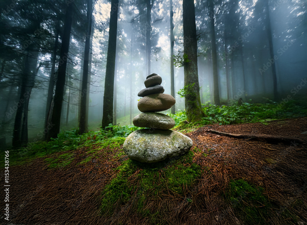 Aufkleber A serene stone cairn rests on moss in a mystical, fog-shrouded forest. Sunlight filters through the tall trees, creating a peaceful atmosphere.