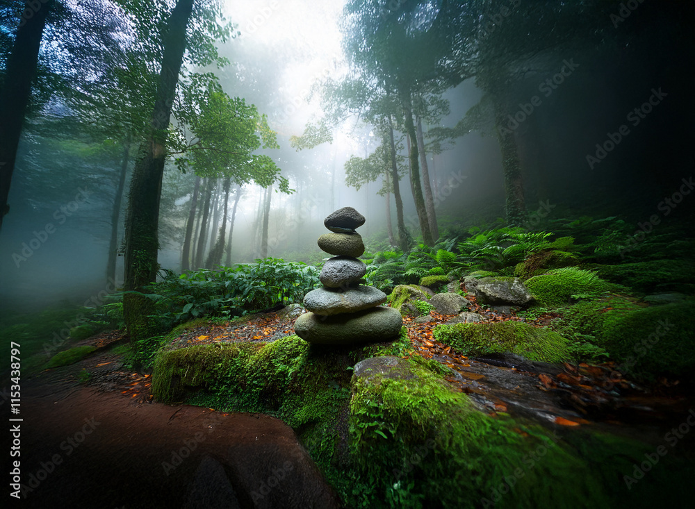 Poster A tranquil scene of a stone cairn nestled in a misty, moss-covered forest. Sunlight filters through the dense canopy, illuminating the serene arrangement.  The atmosphere is peaceful and mysterious.