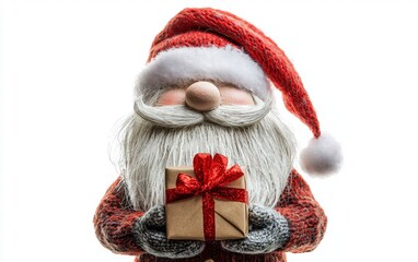 A festive gnome holding a tiny wrapped gift, isolated on a white backdrop