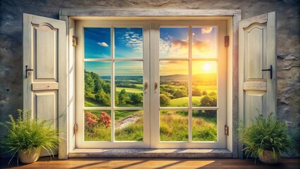Obraz premium Vintage Photo: Tranquil Landscape Seen Through White Double Door Window
