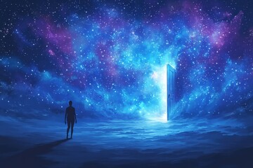 A silhouetted figure stands in awe before a glowing doorway to the cosmos, symbolizing exploration and the mysteries of the universe.