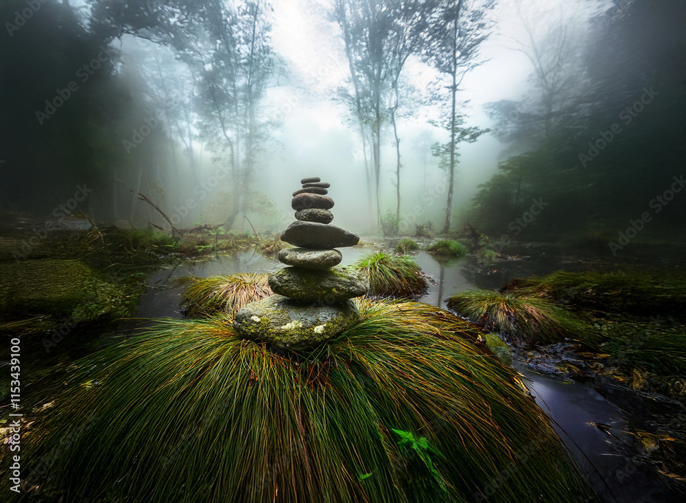 Poster a misty forest scene features a carefully balanced stack of stones nestled on a mossy rock in a tran