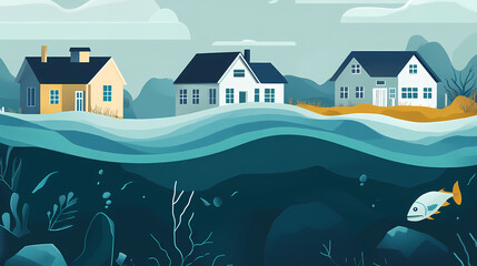 Submerged coastline, homes underwater, climate change impact, flat design illustration. Seafloor. Illustration