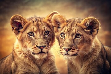 Obraz premium Vintage Portrait of Two Adorable Lion Cubs Playing