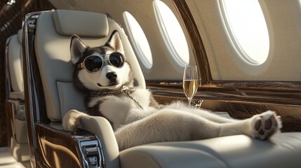 A playful husky in vintage goggles stretches out on a picture