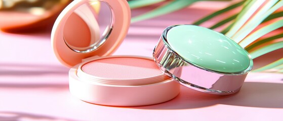 Pastel Cosmetic Makeup Powder Compact  Beauty Product Mockup  Soft Shadows  Pink Green