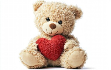 Obraz premium A fluffy teddy bear holding a red heart, a perfect valentines day gift, isolated on a bright white background