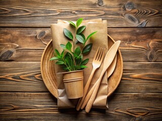 Eco-Friendly Tableware: Sustainable Paper Bag & Plant Branch on Wooden Background