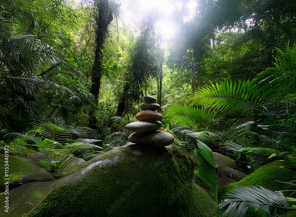 Poster serene rainforest scene with a carefully balanced stack of stones atop a moss-covered rock, bathed i