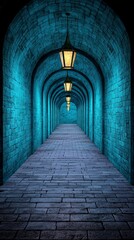 Mysterious Stone Archway Tunnel  Dark Cobblestone Pathway  Glowing Lights