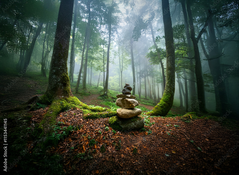 Poster misty forest path, ancient trees draped in moss, a small cairn of stones rests at the trail's base. 
