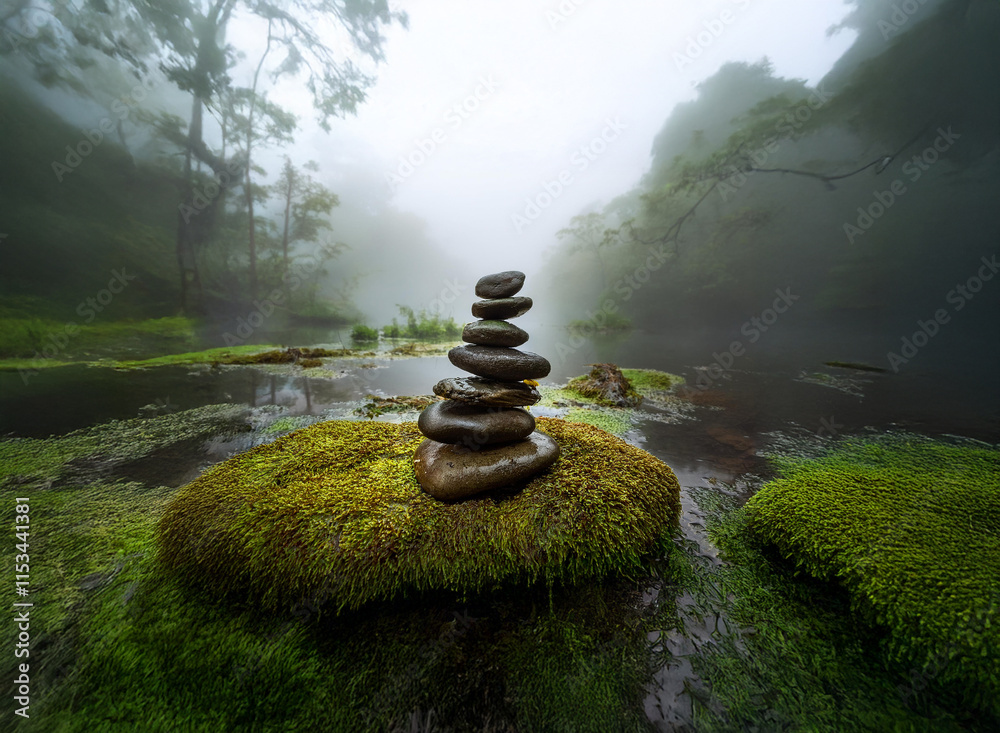 Poster serene scene: a balanced stack of stones rests on moss-covered rocks in a misty, tranquil forest by 