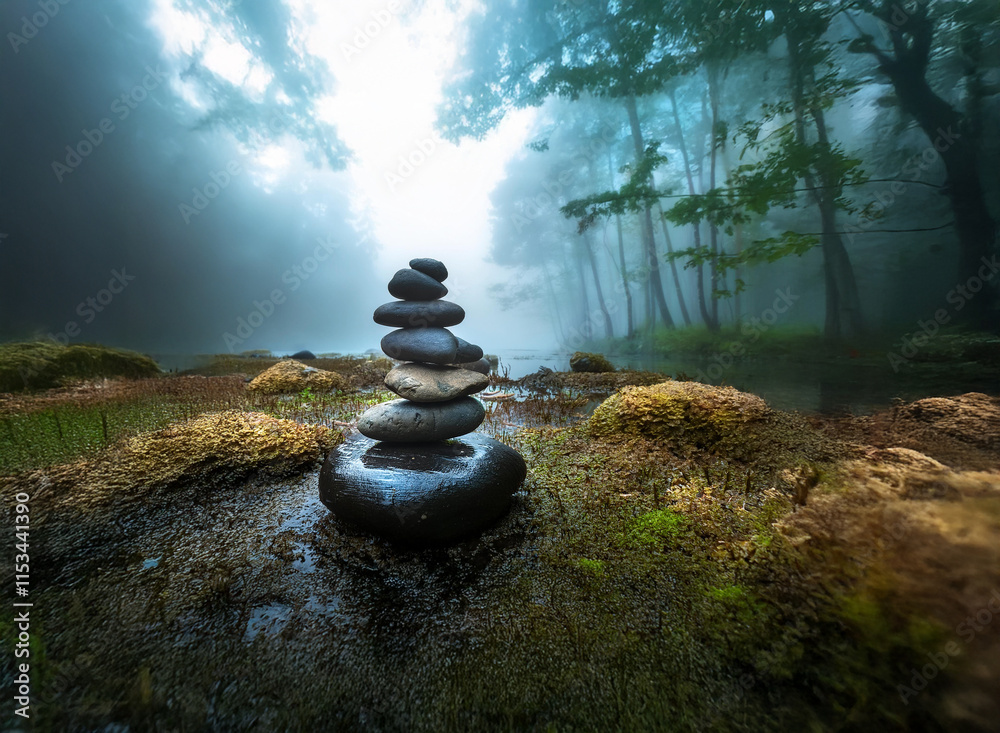 Poster serene stones balanced precariously amidst a misty forest scene. the tranquil water reflects the sof