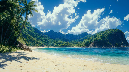 Obraz premium Tropical beach, palm trees, mountains, ocean.