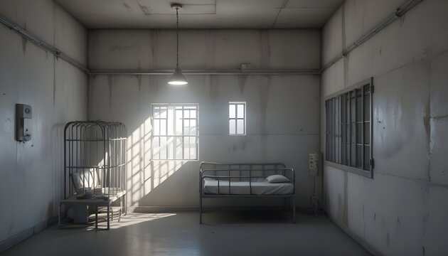 A dark and gloomy prison cell with a barred window, a metal bed, and a small table with a lamp