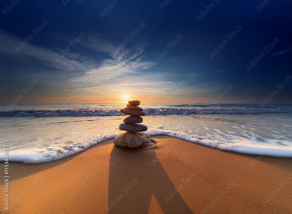 Poster serene sunrise over ocean waves gently lapping a sandy shore. a balanced stack of grey stones casts 