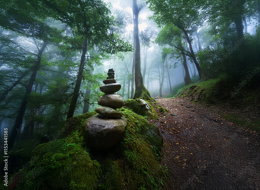 Poster a mystical forest path winds through misty woods, a carefully balanced stone cairn marking the way. 
