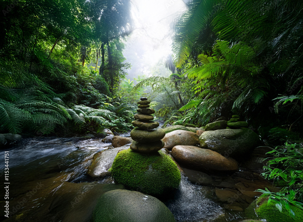 Poster serene rainforest scene; a carefully balanced stone cairn rests on moss-covered rocks beside a tranq