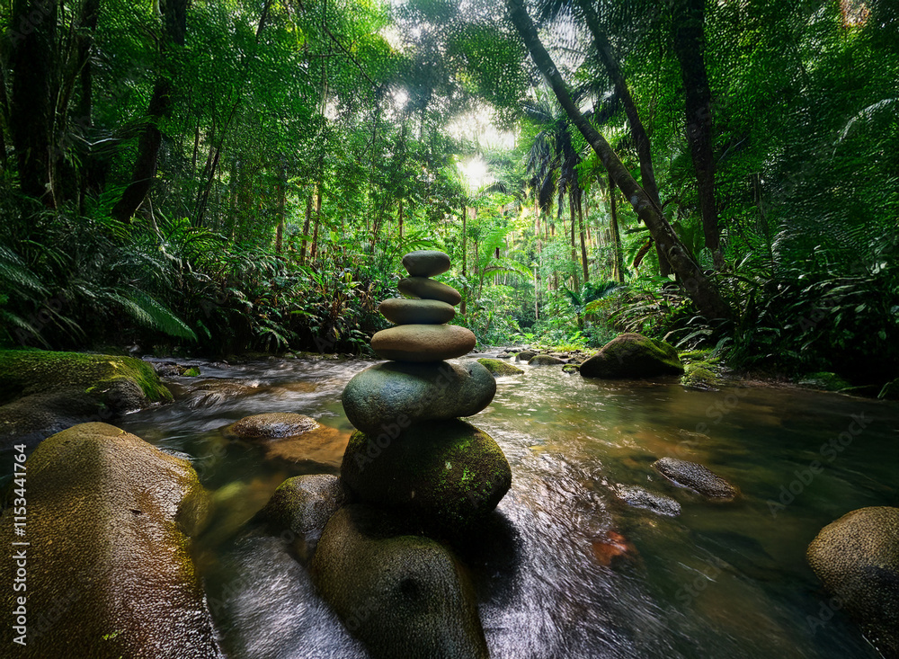 Poster serene scene of a carefully balanced rock cairn beside a tranquil stream in a lush, green rainforest
