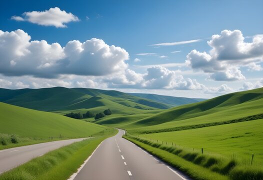 A winding dirt road through rolling green hills under a blue sky with fluffy white clouds