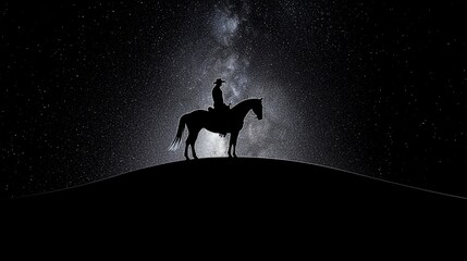 Fototapeta premium Cowboy silhouetted on horseback against a starry night sky.