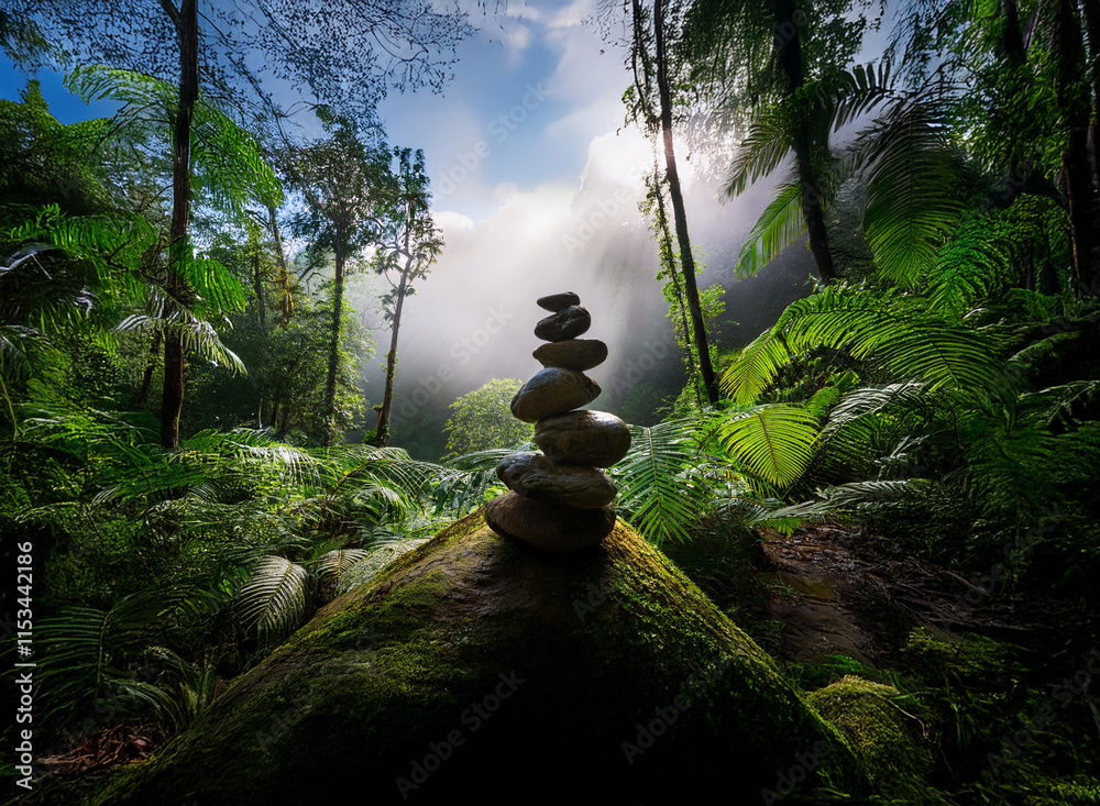 Poster serene forest scene featuring a carefully balanced stack of stones atop a moss-covered rock, bathed 