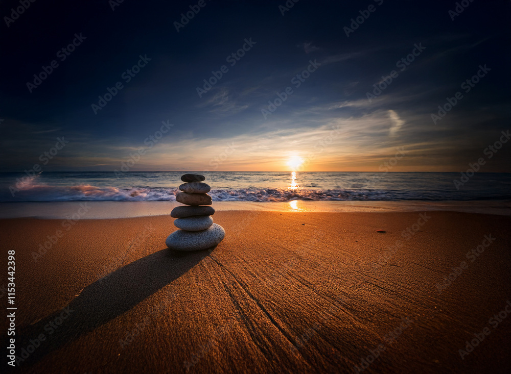 Poster serene sunset over ocean waves gently lapping a sandy shore. a balanced stack of smooth stones sits 