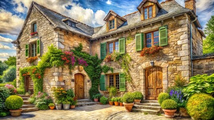 Fototapeta premium Vintage Stone House Sketch: Architectural Drawing, Rustic Charm, Rule of Thirds Composition