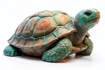 Fototapeta premium Vintage Stone Turtle Statue, Aged Texture, White Background - Stock Photo