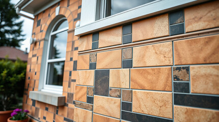 Exterior Wall with Light Brown and Dark Brown Tile Pattern and Window