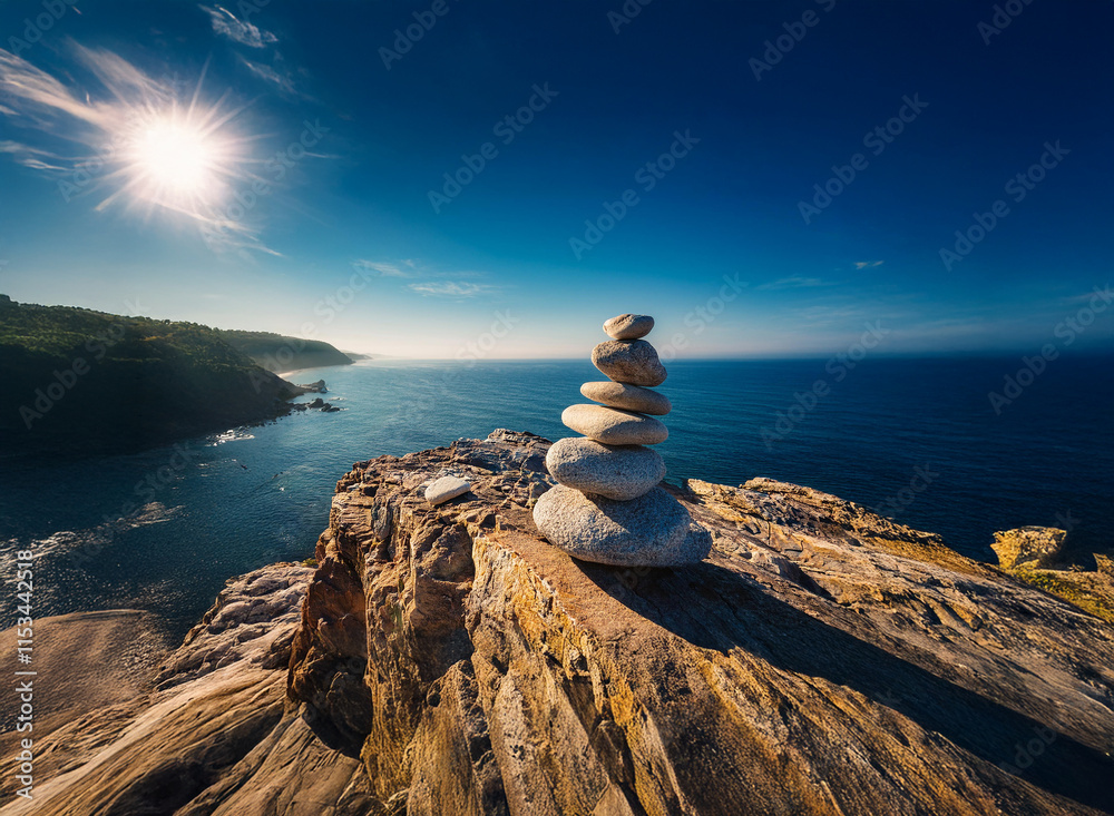 Aufkleber serene coastal scene. a balanced stack of white stones rests on a cliff overlooking a tranquil ocean