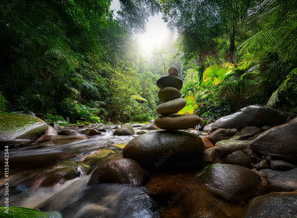 Poster Serene stream flows through lush rainforest.  Sunlight filters through canopy, illuminating balanced stones in the water.  Peaceful, natural scene evokes tranquility.