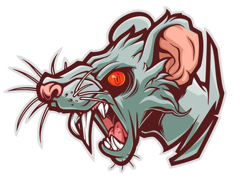 Stylized screaming rat head vectorized ink drawing. 