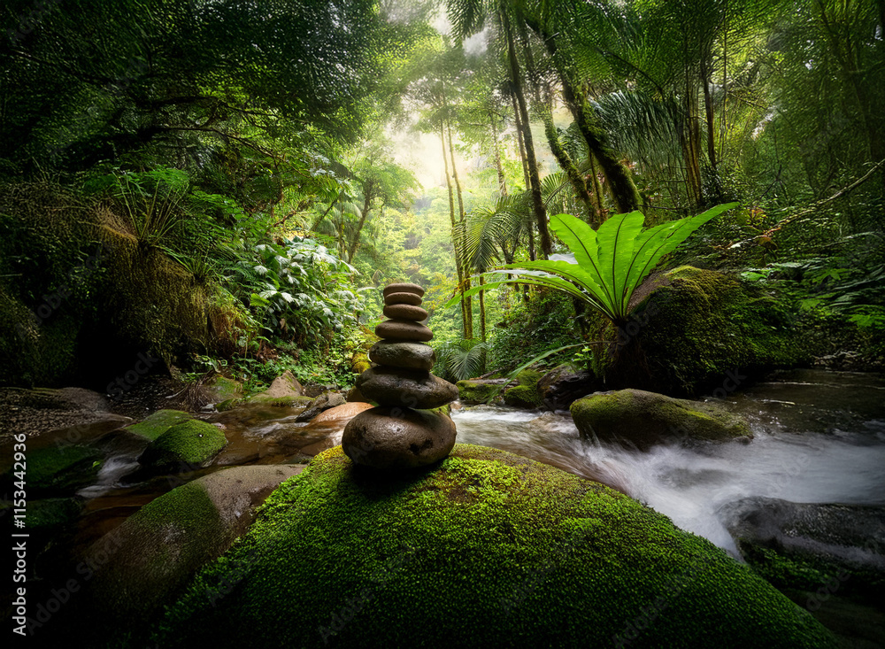 Poster serene rainforest scene. a carefully balanced stack of stones sits on moss-covered rock beside a flo