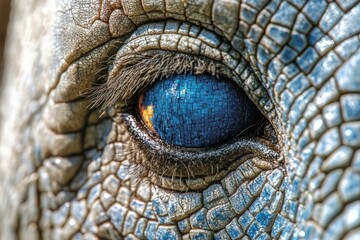 Naklejka premium A close-up of a reptile's eye, showcasing intricate blue scales and a mesmerizing texture that highlights the beauty of nature.