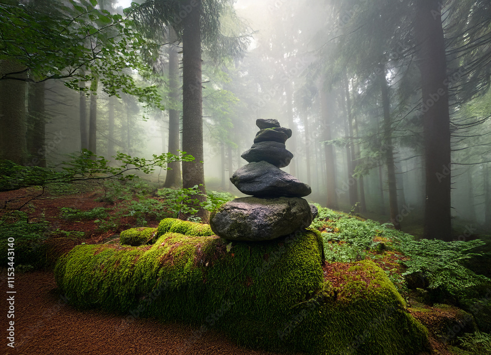 Poster a misty forest scene, sunlight filtering through the trees, illuminates a carefully balanced stack o
