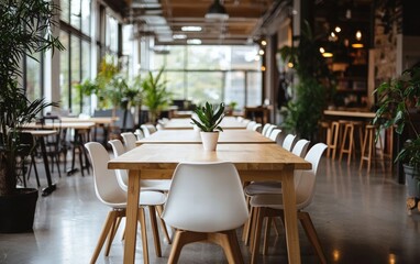 Fototapeta premium A modern coworking space with large communal tables, ergonomic chairs, and potted plants creating a fresh and inspiring environment