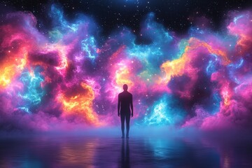 Fototapeta premium A silhouetted figure stands in awe against a vibrant cosmic backdrop, filled with swirling colors and ethereal clouds.