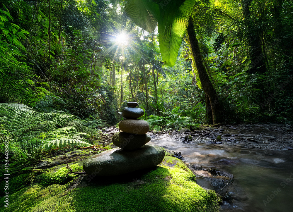 Aufkleber sunlit rainforest scene with a carefully balanced stack of stones beside a gentle stream. tranquil, 