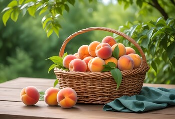 Wicker basket filled with juicy peaches on a wooden table, with a blurred green foliage background